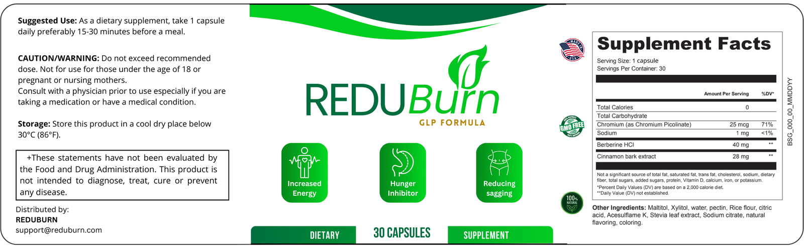 ReduBurn - Supplement Facts e instruções do rótulo